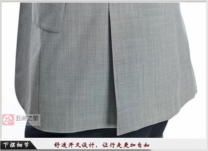 淺灰色單?？勰锌盥殬I(yè)工作服定做下擺細(xì)節(jié)圖