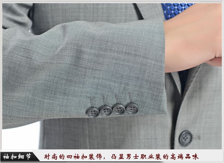 灰色平駁頭一?？勐殬I(yè)裝定制-袖口細(xì)節(jié)展示，時尚的西袖扣裝飾